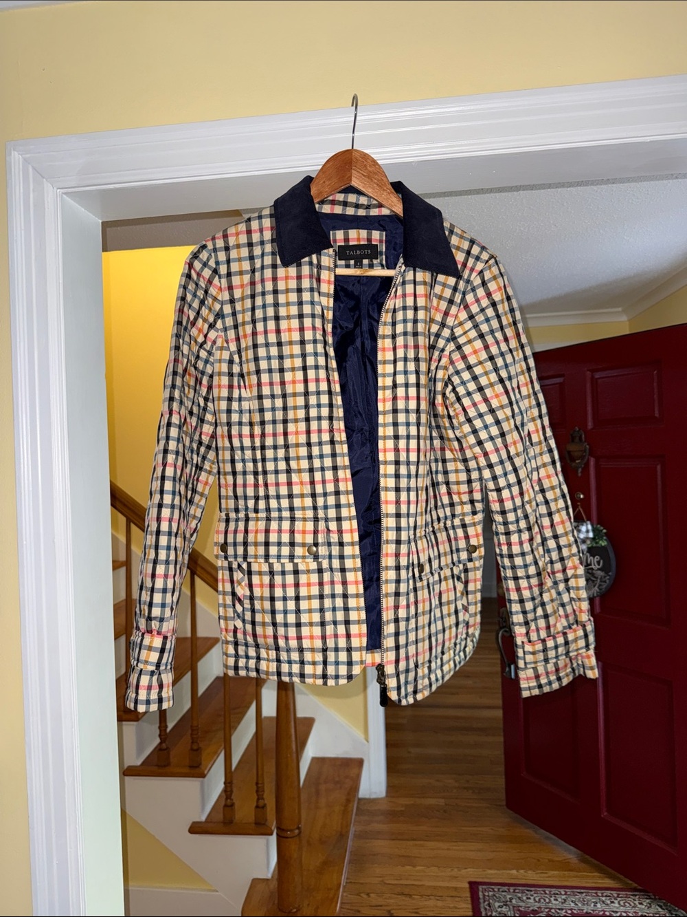 Talbots Plaid Quilted Shirt Jacket in Beige and Navy